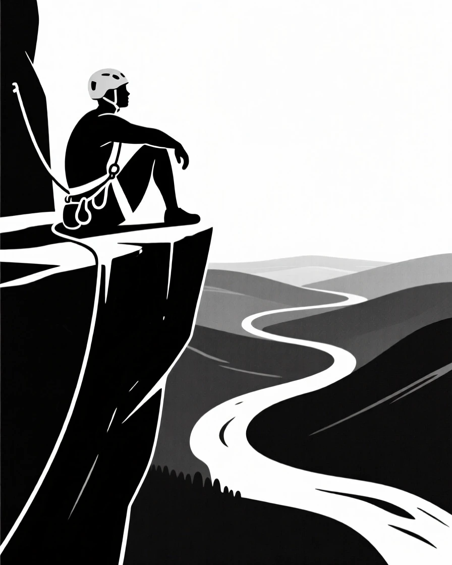 A rock climber resting on a ledge overlooking a valley.