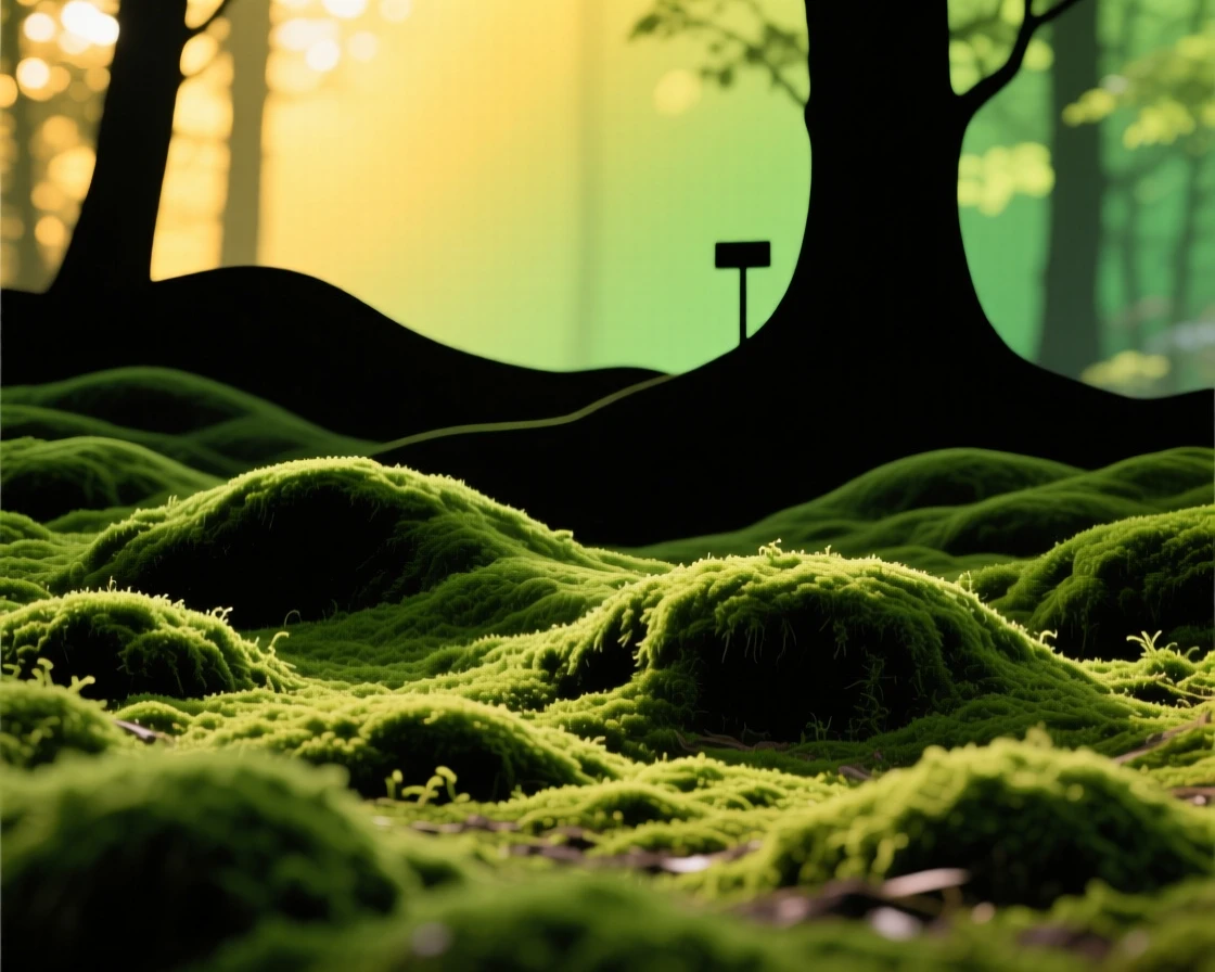 A forest floor entirely covered in soft green moss.