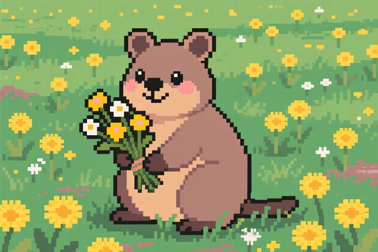 A plump quokka carrying a bundle of wildflowers home, in a meadow full of dandelions.