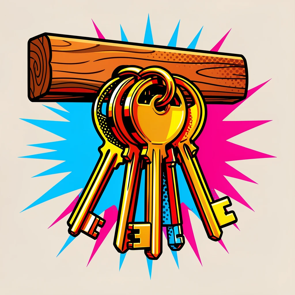 A vintage set of brass keys hanging on a wooden hook
