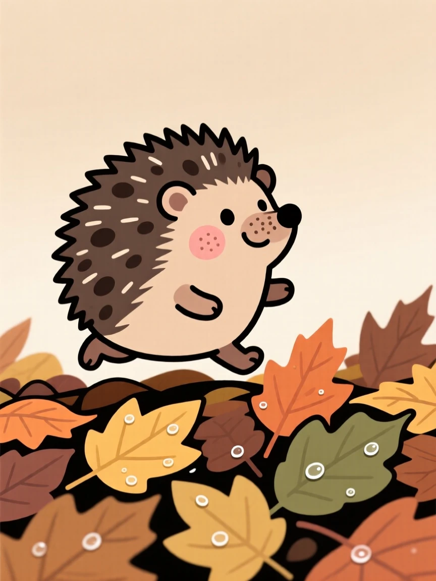 A spotted hedgehog chasing a fallen leaf in a pile of autumn leaves, pausing to look up with curious, gentle eyes as dew glistens on the leaves.