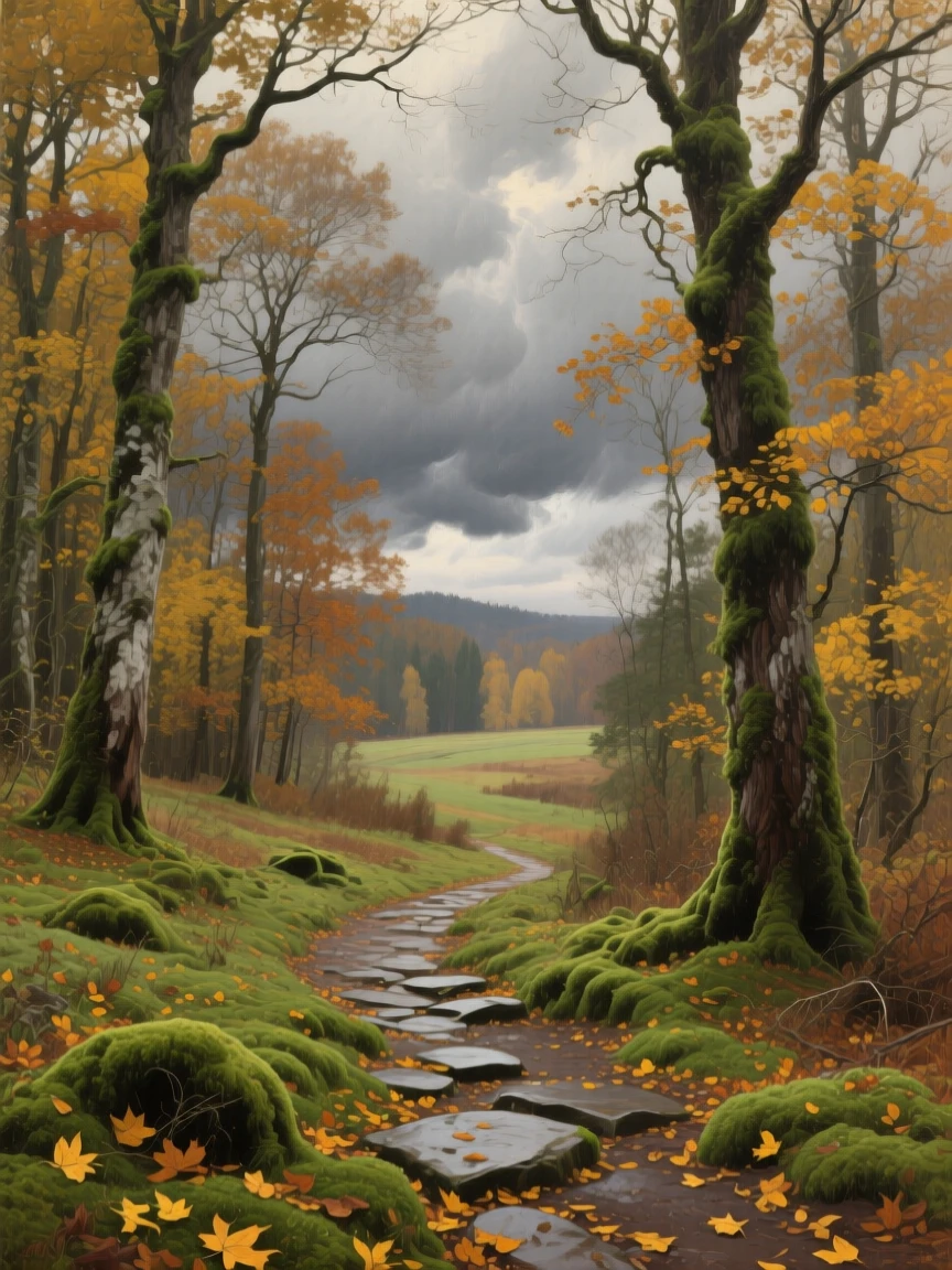 A sweeping wide shot of a moss-covered forest with a winding stone path, in rural Poland, as autumn leaves turn gold, beneath heavy grey storm clouds.