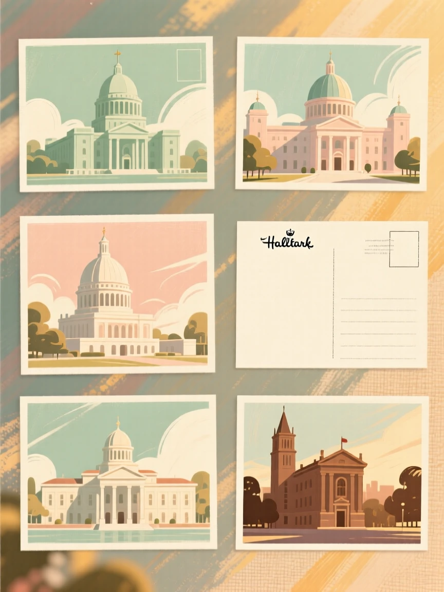 A collection of vintage postcards depicting famous landmarks