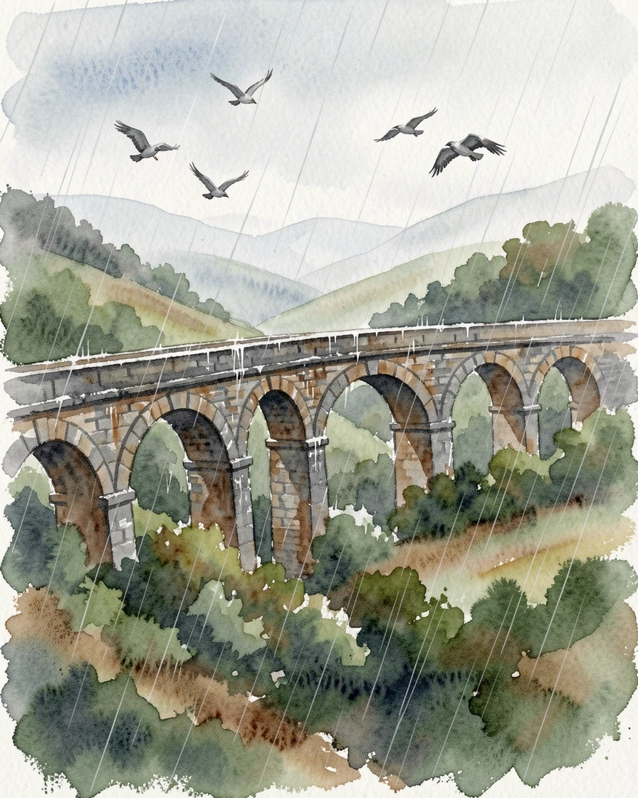 An old stone aqueduct stretching across a valley in gentle rain with birds circling overhead.