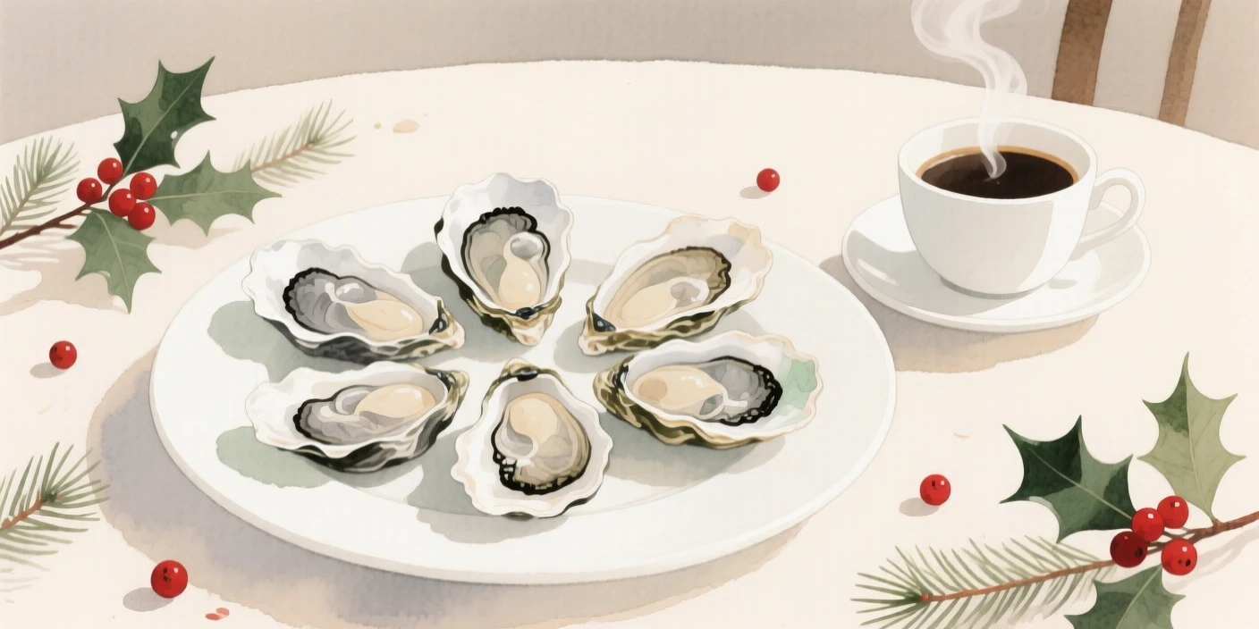 A plate of fresh oysters sits next to a steaming cup of coffee at a festive holiday table, arranged beautifully for a delightful meal