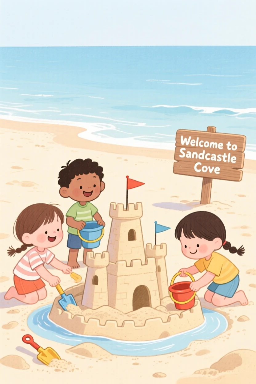 A heartwarming moment showing children building a sandcastle together at the beach.