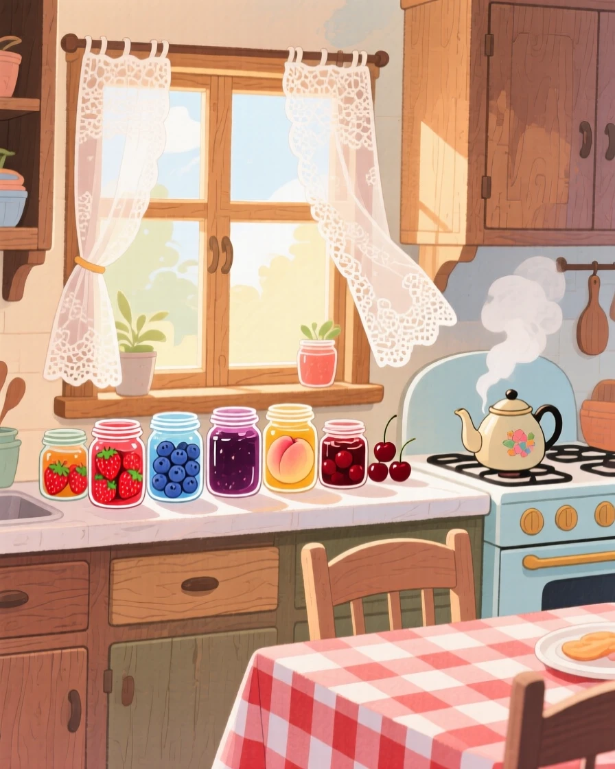 A grandmother's kitchen filled with jars of homemade jam lined on a windowsill, filled with the warmth of a home-cooked welcome.