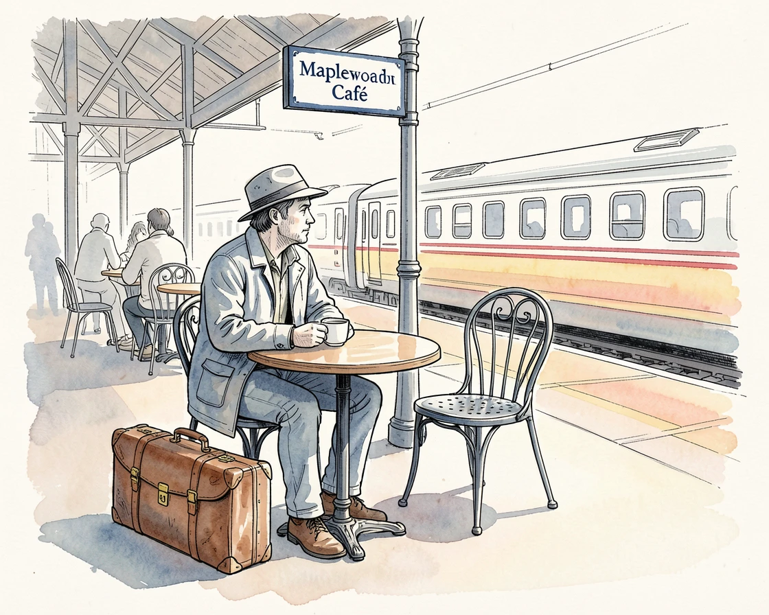 A traveler sitting alone at a train station café, suitcase beside them, watching trains arrive and depart