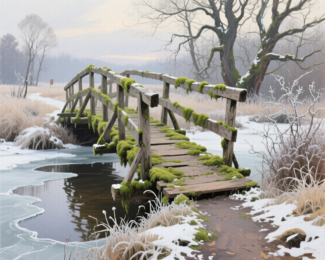 an old footbridge crossing a mossy stream, on a still winter afternoon, from an inviting eye-level viewpoint.