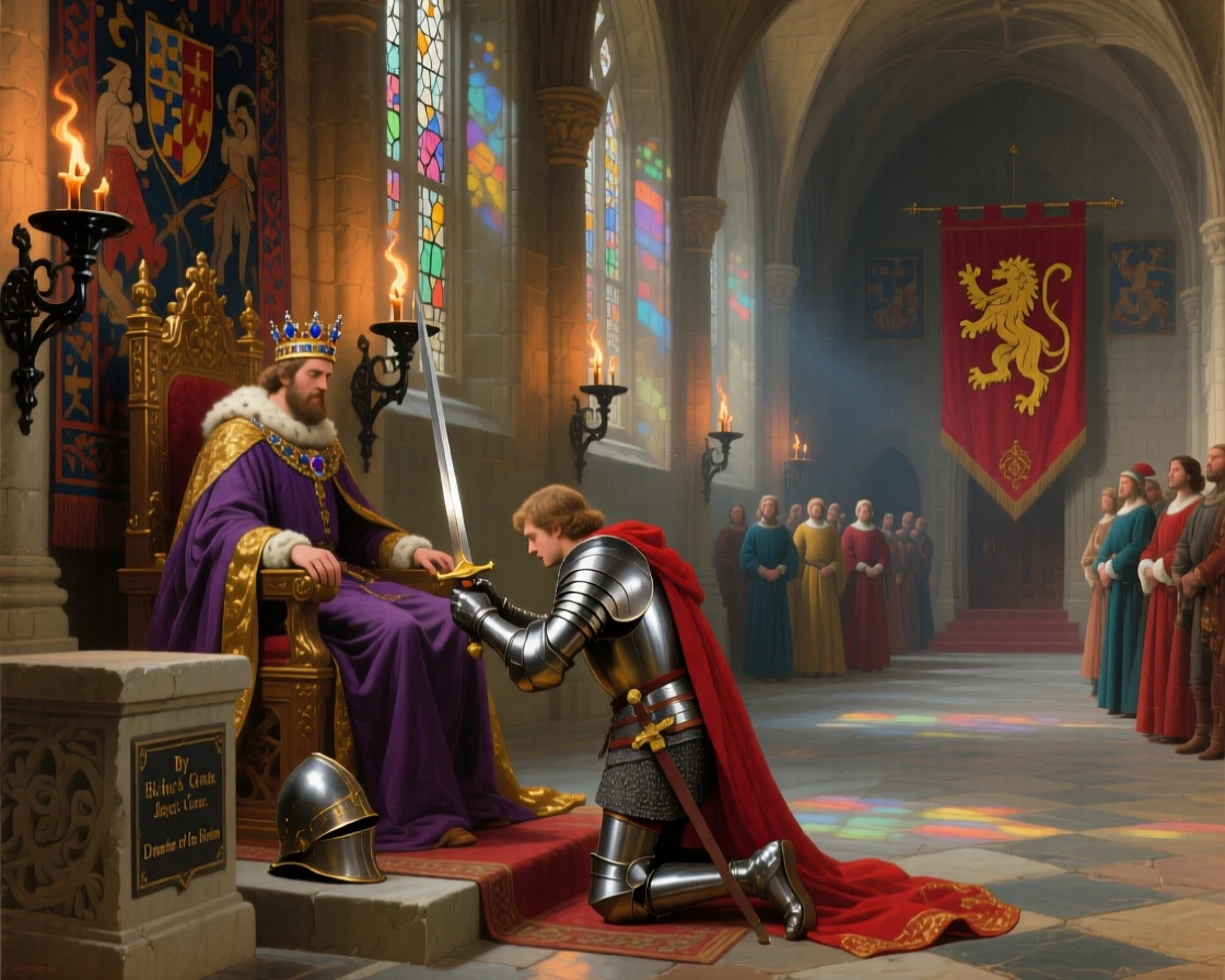 A knight is dubbed before the king in a torch-lit great hall.