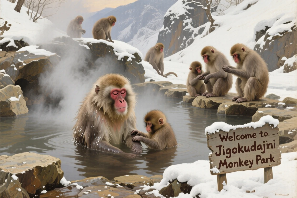 A snow monkey soaking peacefully in a steaming hot spring, as the rest of its family group remains close by, designed to feel both intimate and awe-inspiring