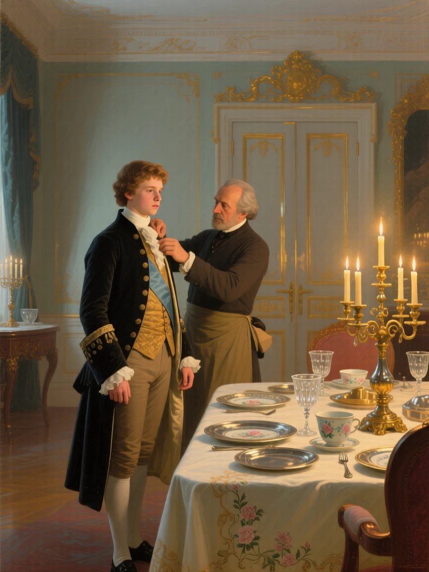 A young duke being fitted for his ceremonial coat by a tailor just before the grand doors are thrown open, set in an opulent dining hall set with silver and crystal, with fine china, crystal goblets, and candelabras adorning the table; warm candlelight pools around the principal figures against a cooler backdrop, filled with quiet ceremony and inherited dignity.