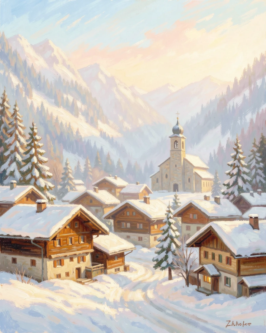 A traditional Swiss alpine village with wooden chalets and church bells ringing across a snowy valley.