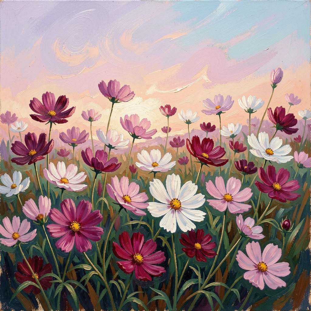A field of wild cosmos flowers swaying beneath a pastel evening sky.
