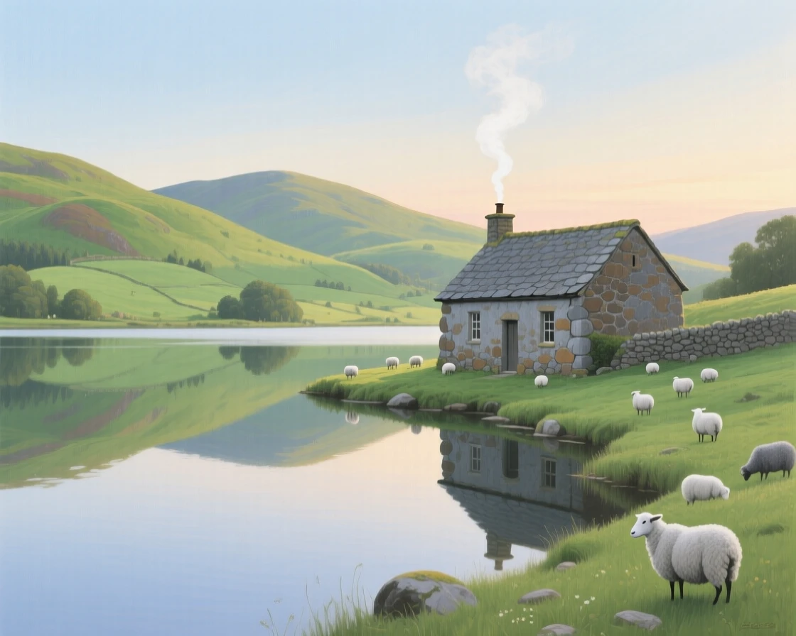 A peaceful lake in the Lake District reflects rolling green hills and scattered sheep, a stone cottage with smoke rising from its chimney nestled along the shore, everything rendered with quiet clarity under the steady, natural light of the hour.
