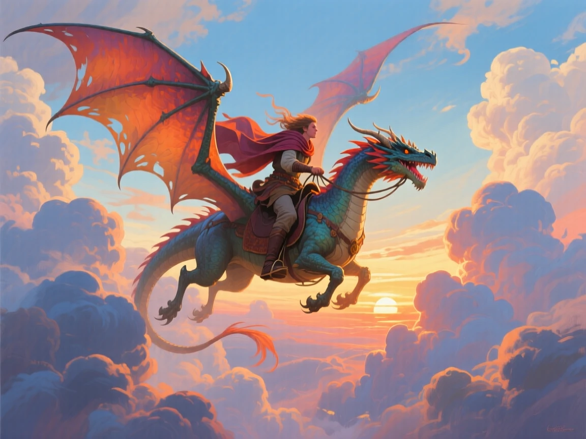 A dragon rider soaring between towering cloud formations at sunrise, wind whipping through their cloak