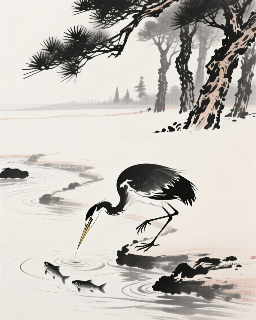 A heron stands poised to strike at fish in a shallow stream, with pine trees silhouetted on the horizon.