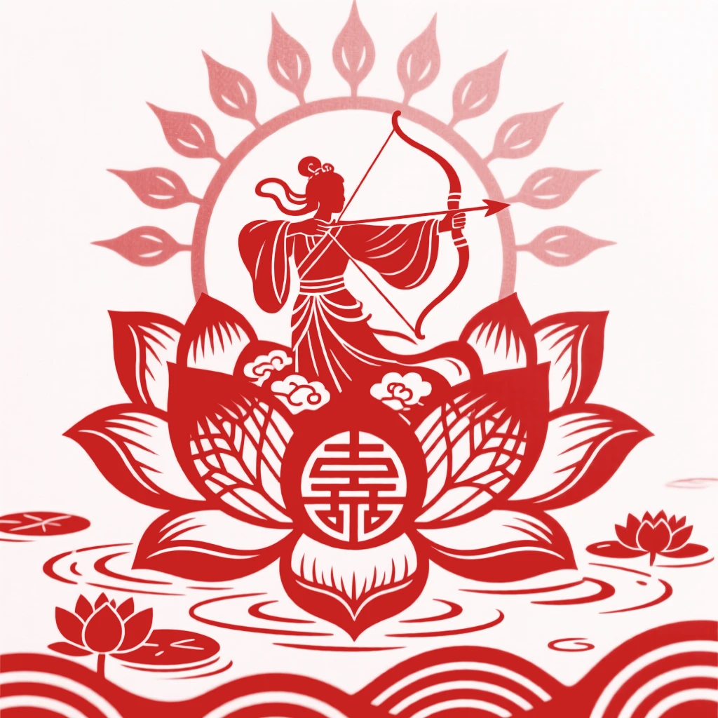 A celestial archer, emerging from a lotus blossom in a sacred pond, surrounded by a halo of golden light.