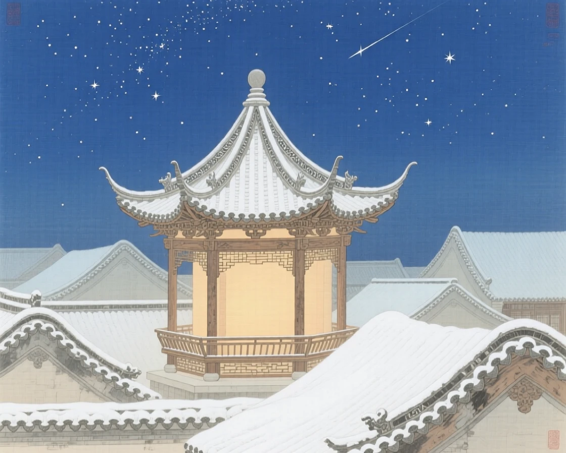 A lone pavilion glowing warmly beneath a starlit sky, over rooftops dusted with fresh snow