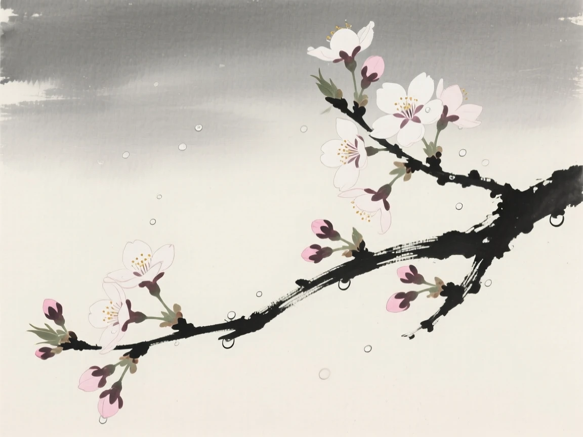 A branch of cherry blossoms beneath a light dusting of morning dew, set against a soft gradient of misty background, evoking quiet elegance and simple grace.
