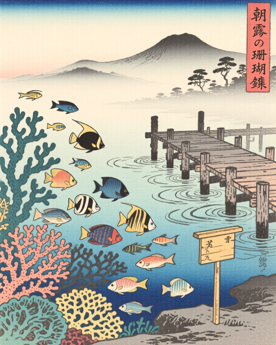 A coral reef alive with fish beside weathered wooden piers, on a calm misty morning.