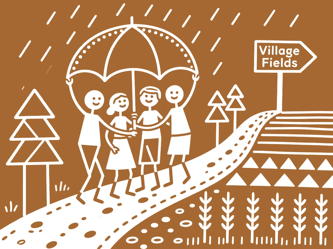 A group of lifelong friends sharing an umbrella during a sudden rain shower along a path leading to the fields.
