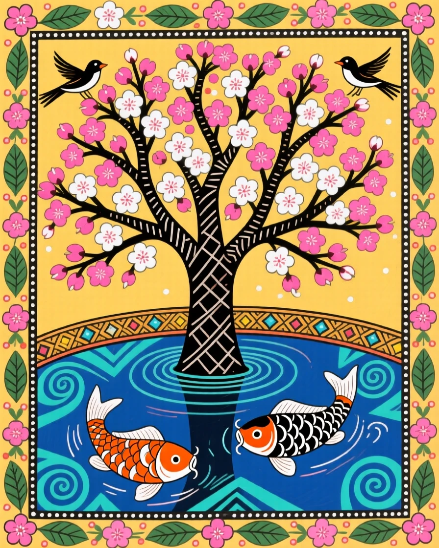 A single cherry tree in full bloom beside a still koi pond.