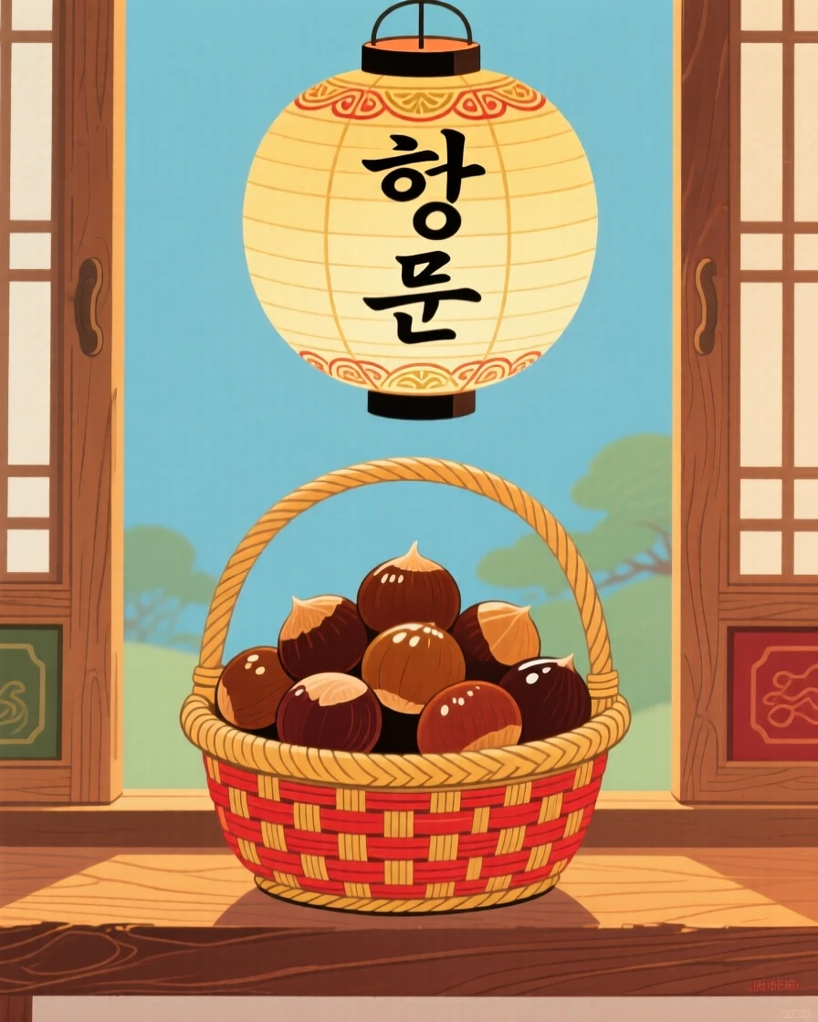A basket of ripe chestnuts beneath a paper lantern on a windowsill.