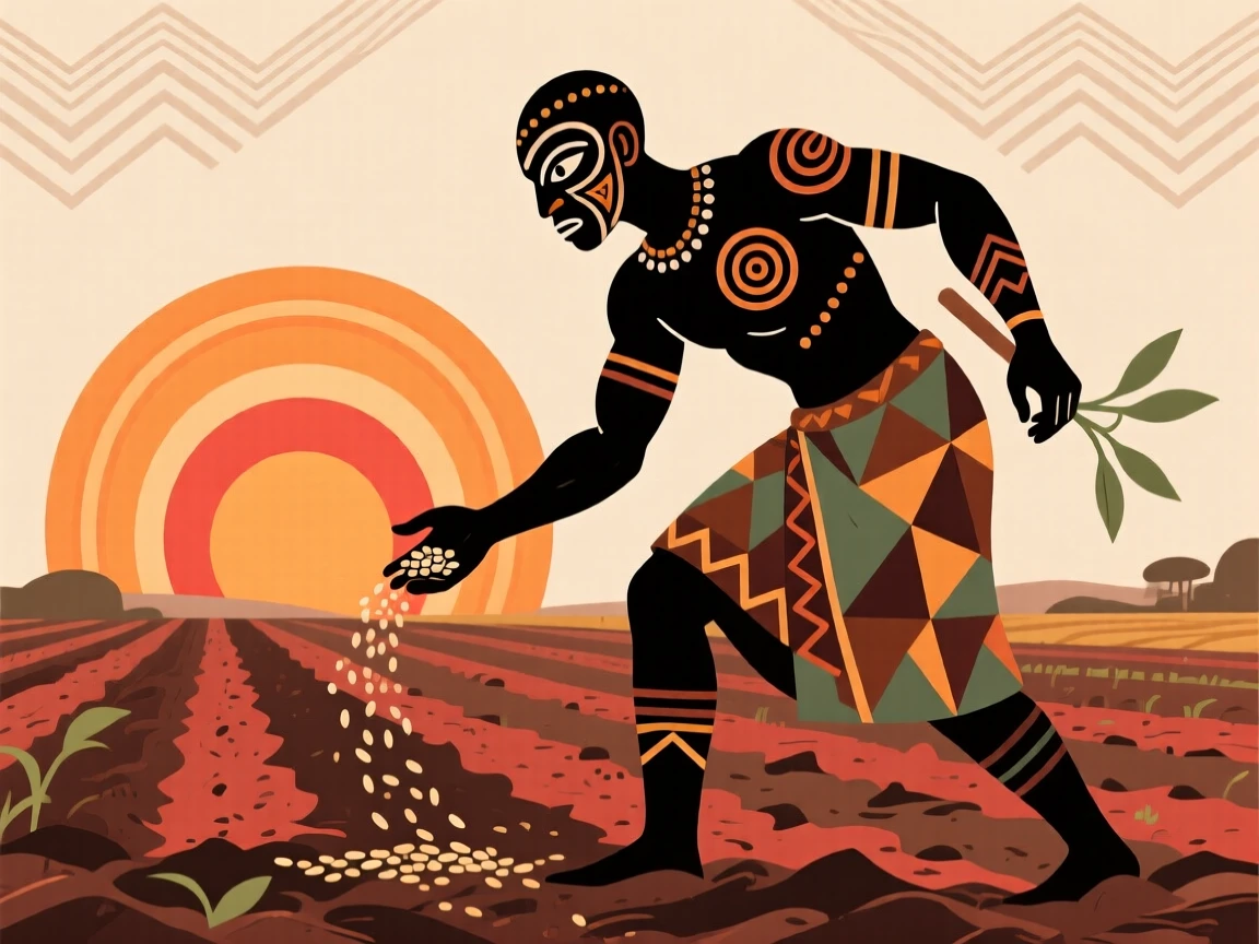 A farmer scattering seed across a freshly tilled field as the sun rises over the fields.