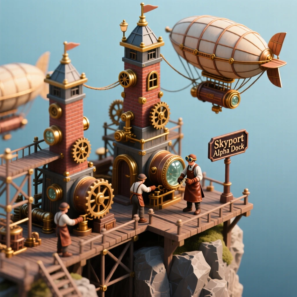 A steampunk airship dock town built on a cliff's edge, with multiple dirigibles tethered to towers and mechanics repairing engines on scaffolding.