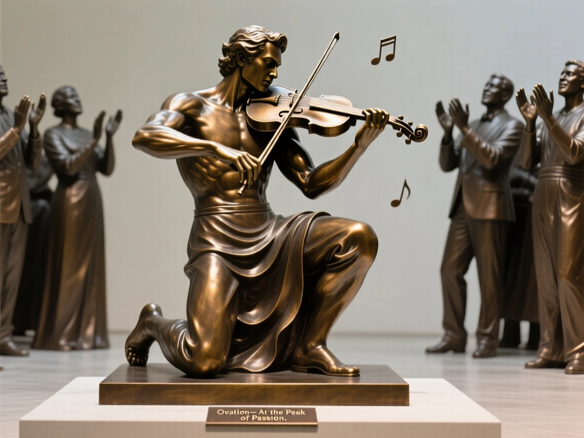 A violinist bowing to a standing ovation, captured at the peak of a powerful movement, forming a strong central focal point