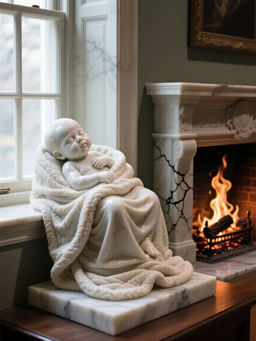 A tender portrait of a newborn baby cradled in blankets, sitting quietly by a window, beside a crackling fireplace, evoking warmth and humanity