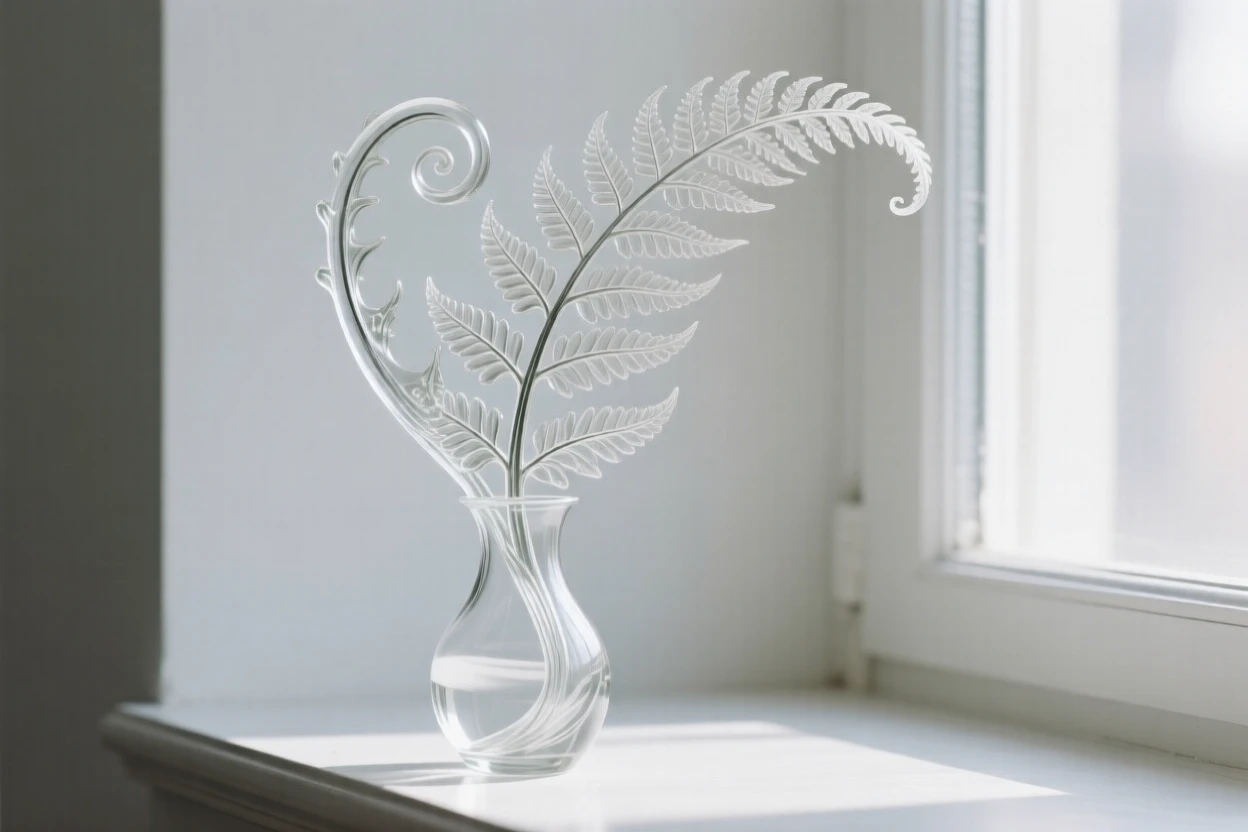 A fern unfurling its fronds arranged in an elegant vase on a windowsill, soft diffused light streaming in, creating a tranquil still-life mood.