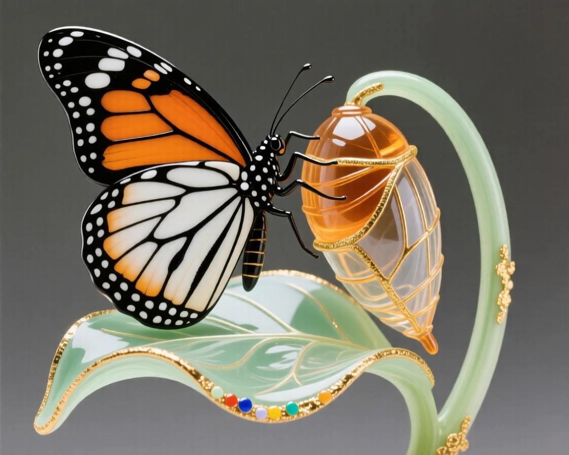 A single monarch butterfly emerging from its chrysalis on a milkweed leaf, transformative and delicate.