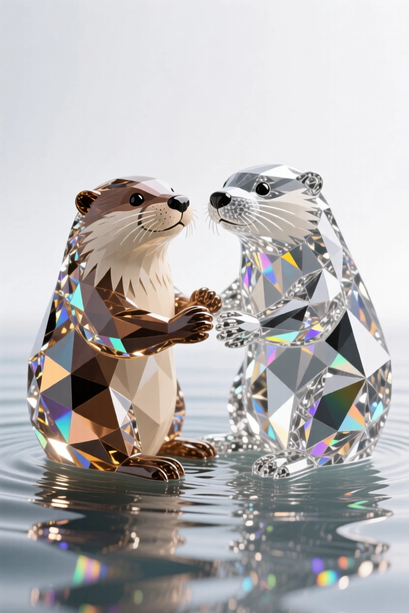 A pair of otters floating on their backs holding paws in a calm river.