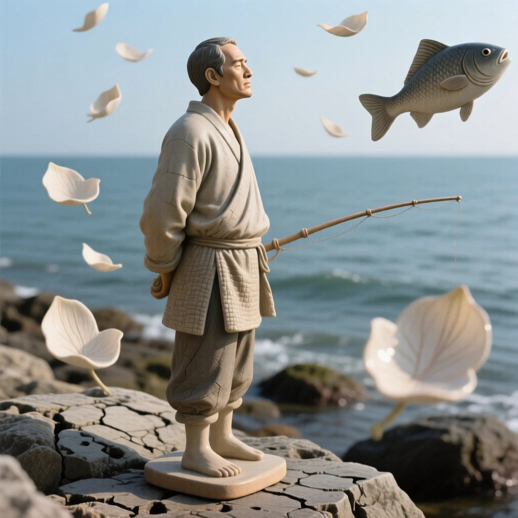 A fisherman gazing out toward the sea captured in a fleeting moment of pure emotion, surrounded by softly falling petals, capturing a universal moment of human connection.