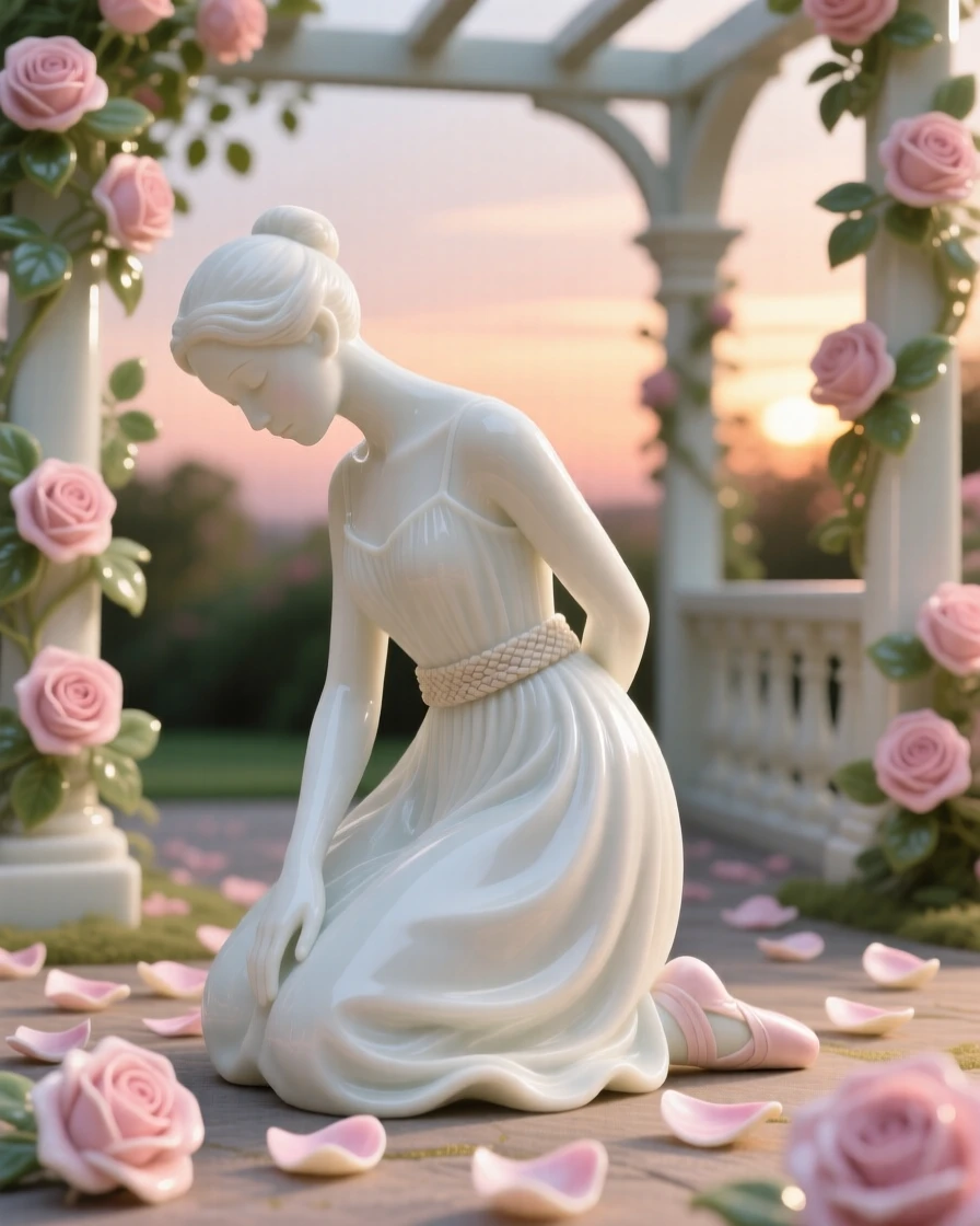 A ballerina kneeling among fallen petals, wearing a simple linen dress with a woven belt, her gaze lowered in quiet grace, set against a rose-covered pergola at sunset.