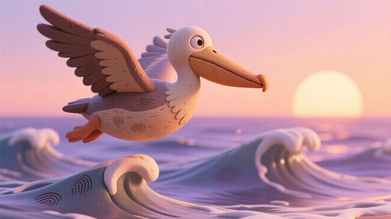 A pelican gliding just above ocean waves at sunrise