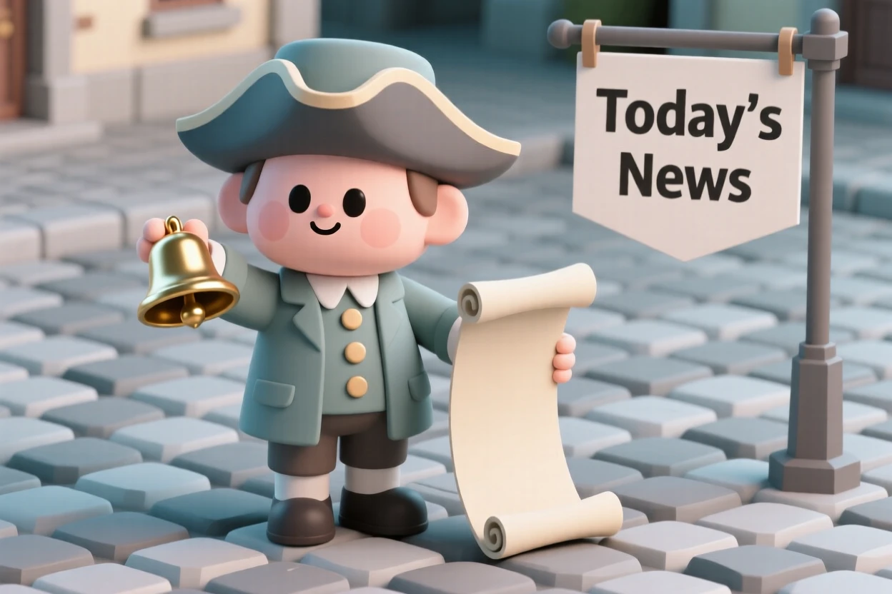 A proud town crier rings a brass bell in a cobblestone square, unrolling a scroll to announce the day's news.