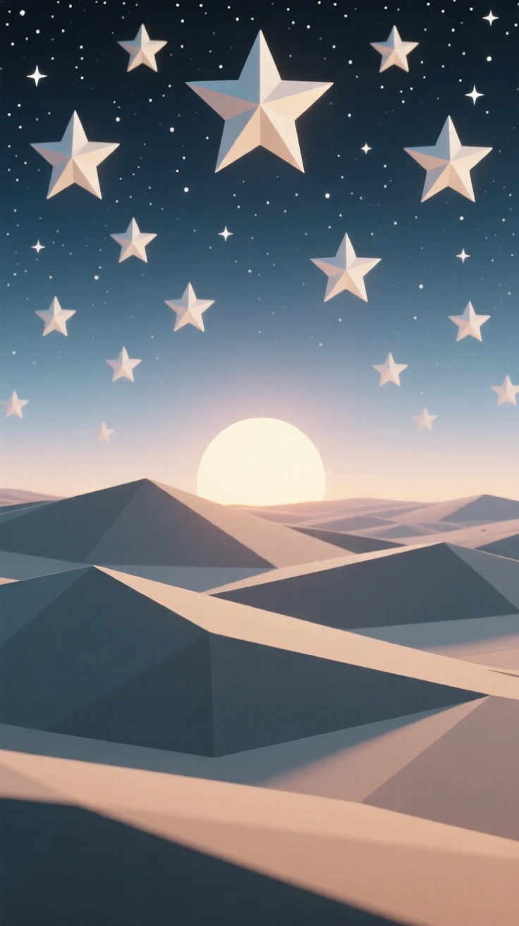 A star-filled sky over a silent desert, as the sun begins to rise. layers of color create a striking sense of depth. It evokes a feeling of pure tranquility.