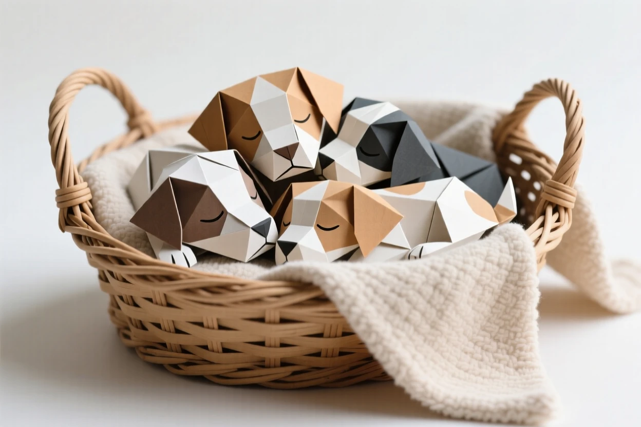 A litter of puppies piled together asleep in a wicker basket lined with a soft blanket.