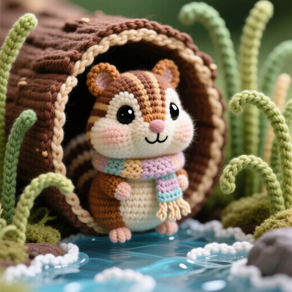 a small baby chipmunk with striped fur and puffed cheeks is shown storing acorns inside a hollow log within a shallow creek winding through tall grass, accompanied by a tiny knitted scarf around its neck, capturing quiet contentment and gentle curiosity.