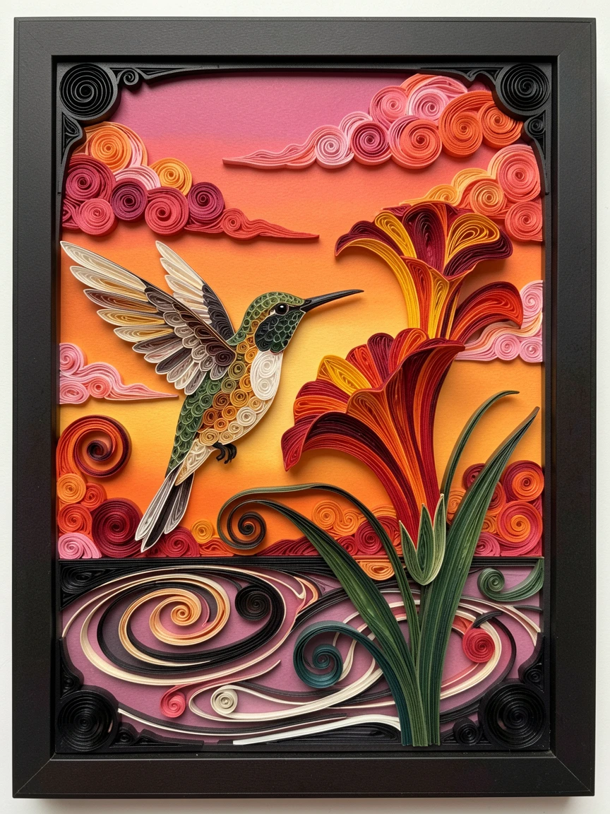 a hummingbird hovering beside a trumpet flower, surrounded by softly rippling water, framed in a dramatic silhouette against the sky, under a blazing orange and pink sunset sky.
