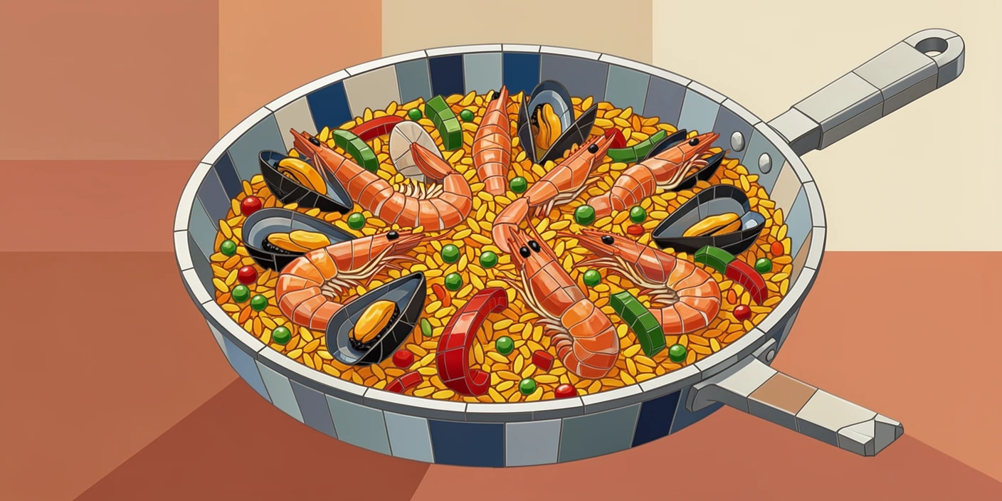 A close-up gourmet food photograph of a sizzling paella pan filled with saffron rice, seafood, and vegetables, with rich color and inviting texture.