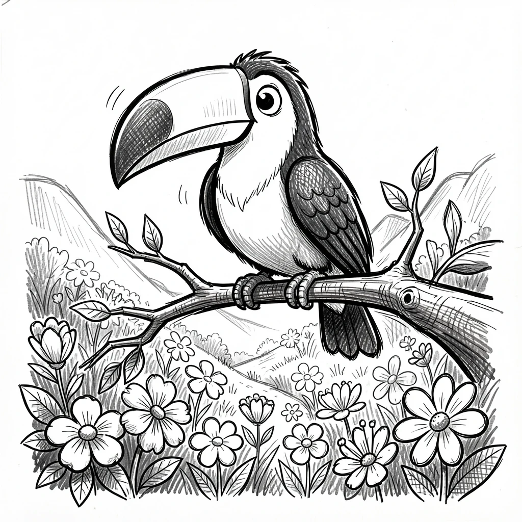 A toucan perched on a branch in a valley full of flowers.