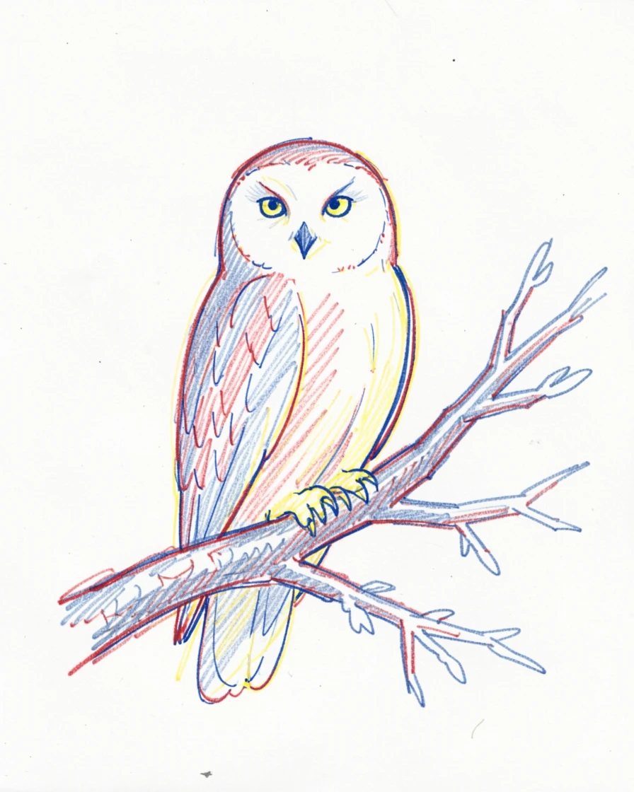A snowy owl perched silently on a frost-covered branch under moonlight