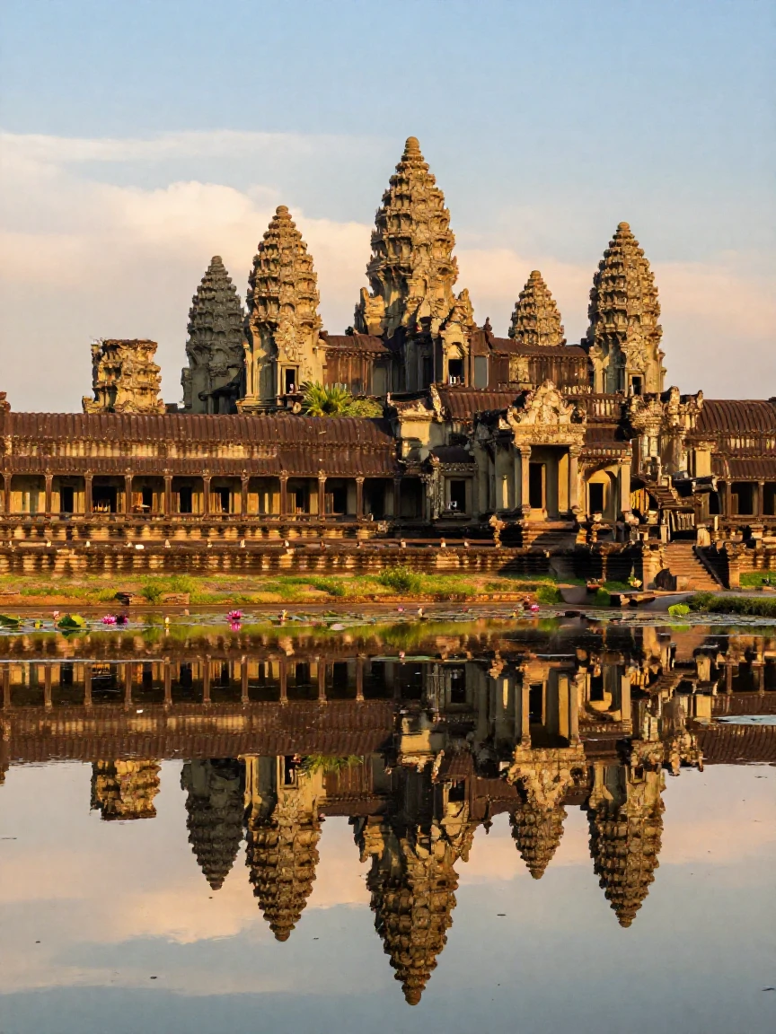 Angkor Wat's temple towers reflected in a still lake