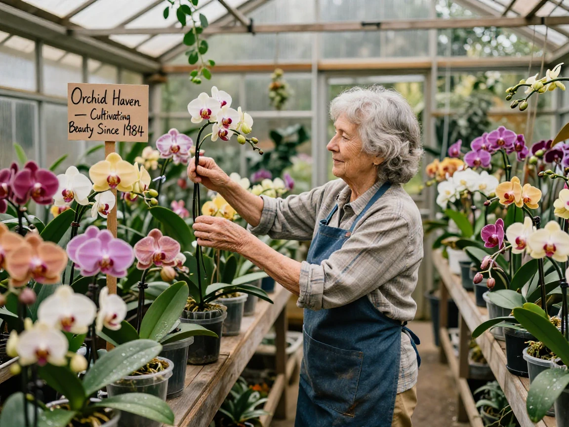 An elderly woman tends a greenhouse full of orchids she has grown for forty years.