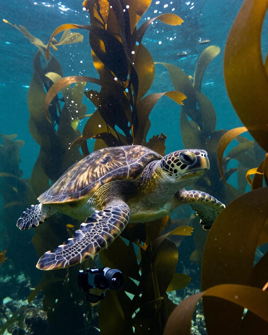 A graceful sea turtle exploring in the dappled light of a kelp forest