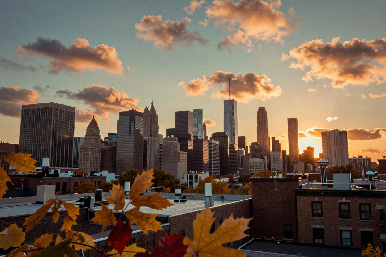 A rooftop skyline glowing amber as the sun dips below the horizon, during golden hour, under scattered clouds, as autumn leaves turn gold and red, in vivid coral and turquoise hues, through a rain-streaked window.